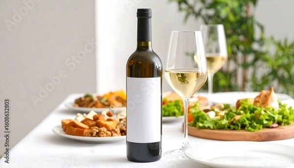 Fototapeta Wine bottle and glasses on a table with appetizers