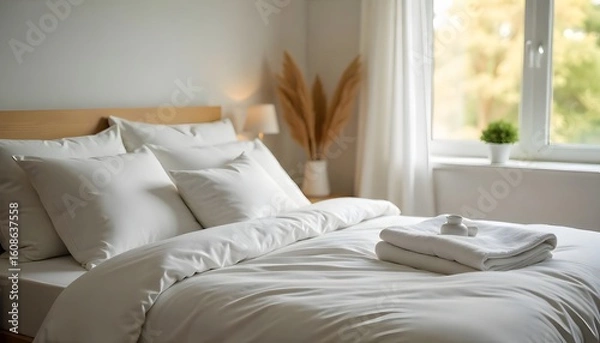 Fototapeta Cozy bedroom interior features white pillows on bed with rolled duvet. Natural light from window creates calm atmosphere, evoking sense of relaxation. Home decor, comfort, created with generative ai
