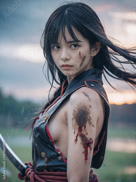 Obraz 雨の降る戦国時代の戦場で鎧を着た戦闘中の若い女性武士