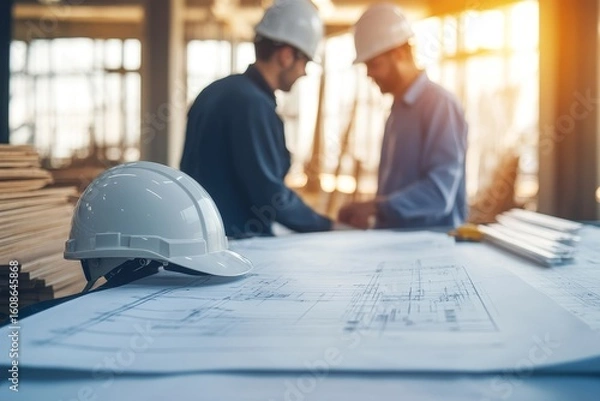 Obraz Engineer and foreman discussing a new production project or investment in a modern industrial factory, highlighting team management in manufacturing, Generative AI