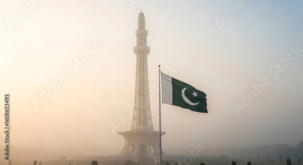 Fototapeta Pakistan flag waving in front of minar e pakistan monument on a hazy morning view
