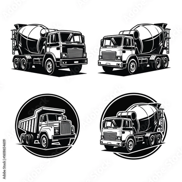 Fototapeta Monochrome Vector Illustration of Construction Trucks with Cement Mixer and Dump Truck Design for Transportation Industry Needs