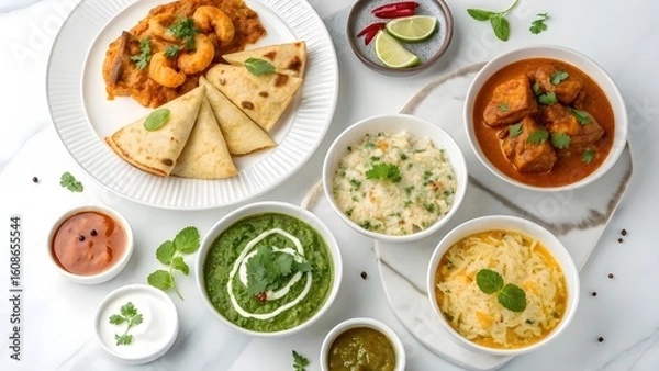 Fototapeta A vibrant overhead view of a delicious indian food spread with various curries and breads