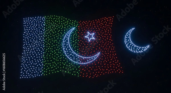 Fototapeta Drone light show forming a flag with a crescent moon and star against a dark night sky