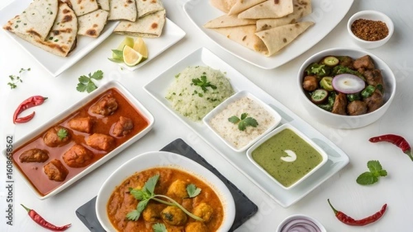 Fototapeta A vibrant overhead view of a delicious indian meal featuring various curries naan bread and chutneys