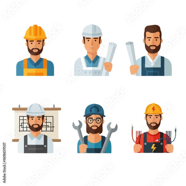 Obraz Six stylized illustrations of construction workers and engineers, each holding tools or plans.