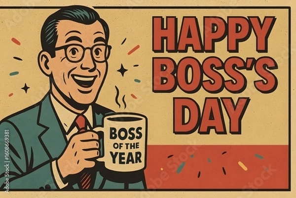 Fototapeta Celebration of Boss Day with Happy Boss Day Sign and Man Holding Mug