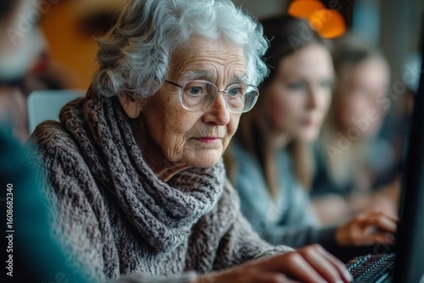 Obraz Senior group in a retirement home participating in a computer class with a young instructor, bridging the digital divide, Generative AI
