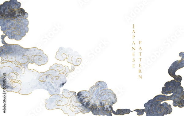 Fototapeta Black and white brush stroke texture with Japanese chinses cloud pattern in vintage style. Abstract art landscape banner design with watercolor texture vector.