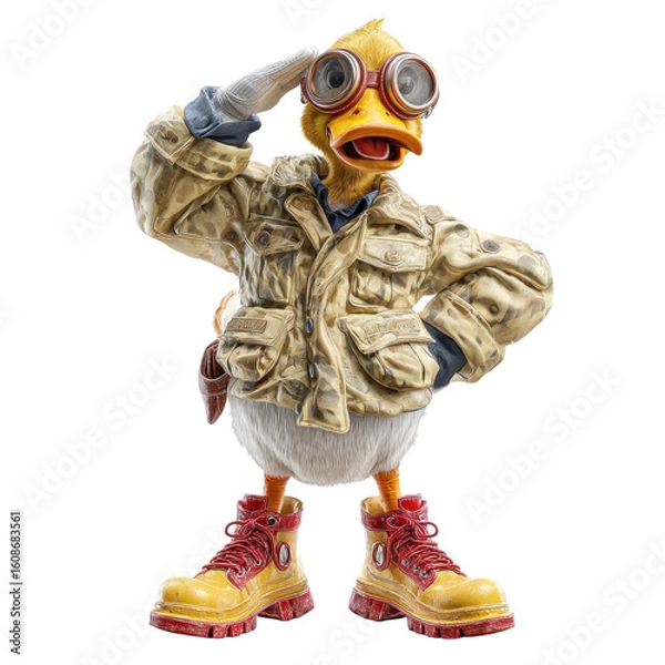 Obraz A stylized cartoon duck character salutes while wearing camouflage jacket and goggles
