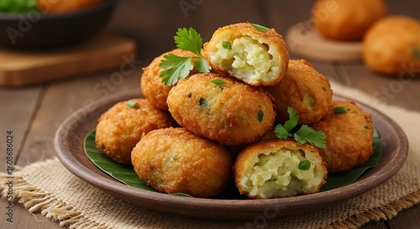 Fototapeta Golden Fried Potato Balls Stacked on Plate with Parsley