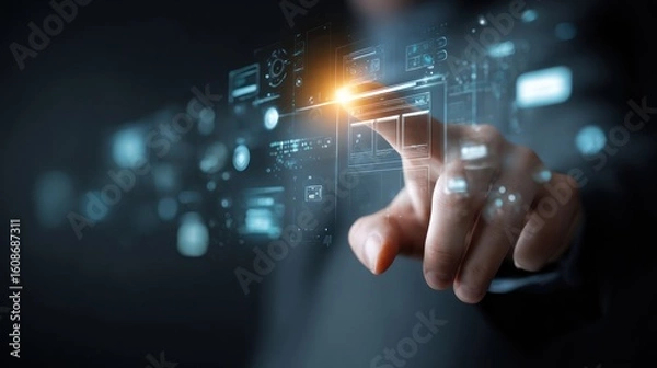 Fototapeta Person's hand interacting with glowing interface on dark background, creating tech visuals