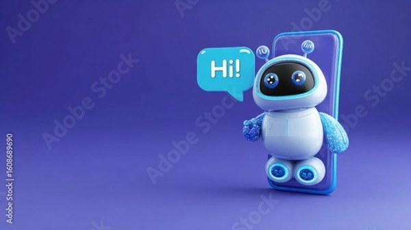 Fototapeta Adorable 3D chatbot character popping out of smartphone with a chat bubble saying Hi!