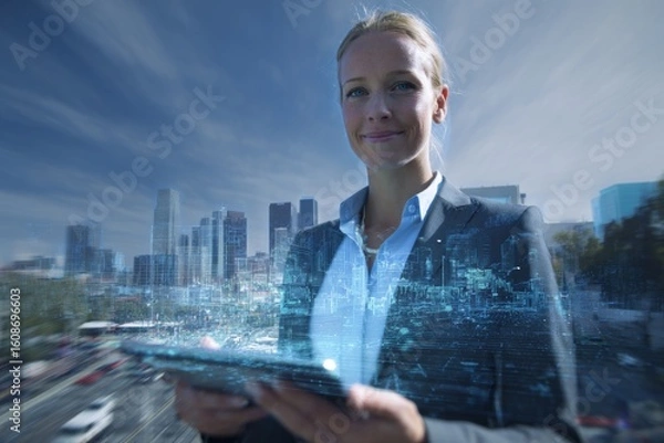 Fototapeta Urban skyline and holographic tax data: businesswoman's digital insight. Expert accountants. Key aspects of hmrc's updated vat policies for pension fund costs. Innovative solutions.