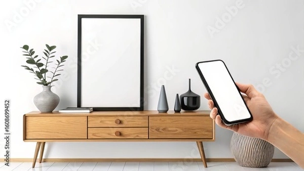 Fototapeta Refined Workspace with Black Square Frame, Wooden Console, and Ambient Light