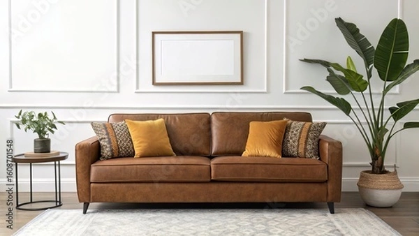Obraz Modern Living Room with Square Frame Above Brown Sofa and Large Leafy Plant
