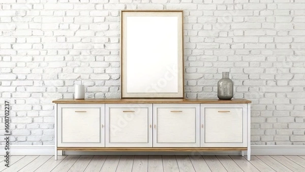 Obraz Minimal Console Scene with Vertical Frame on Textured White Brick Wall