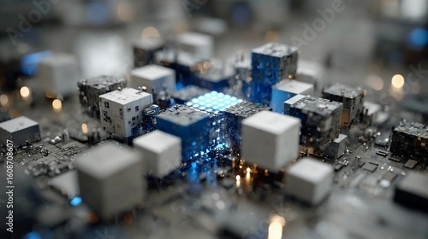 Fototapeta Futuristic cityscape of square blocks lit with blue, on a circuit board, with depth of field focus