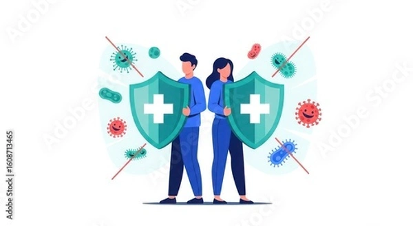 Obraz Two individuals protect themselves with shields against attacking viruses and bacteria.