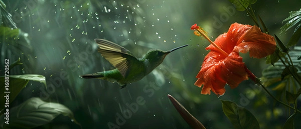 Fototapeta Green hummingbird from Colombia, green bird flying next to beautiful red flower, action feeding scene in green tropical forest, animal in the nature habitat.