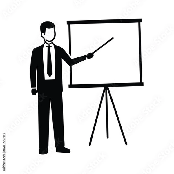 Obraz Businessman in a suit pointing at a blank whiteboard, symbolizing success and a new concept for the company
