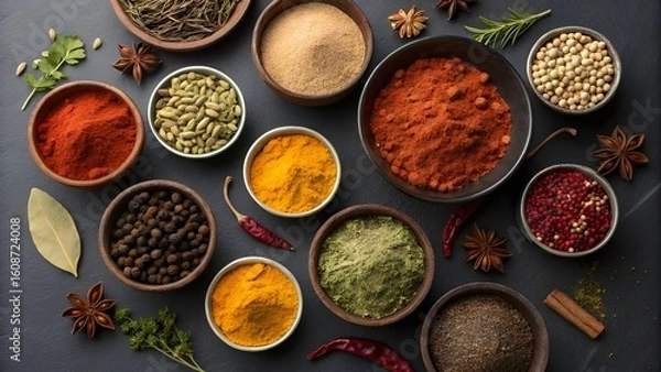 Fototapeta A vibrant overhead view of various colorful spices in small bowls arranged on a dark surface