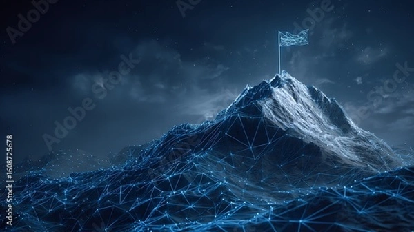 Obraz Digital Summit A towering mountain peak conquered representing ambition triumph against digital skies network