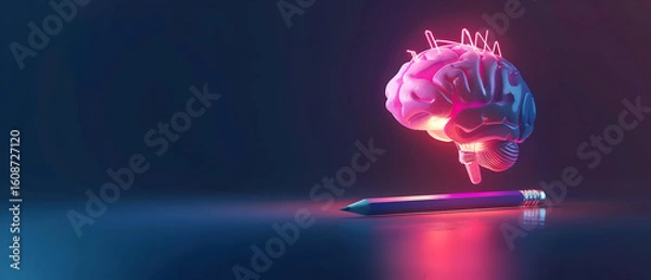 Fototapeta Pencil with glowing light bulb and futuristic brain icon. Self learning or education knowledge and business studying concept. Idea of learning or studying at home