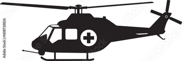 Fototapeta Black silhouette of a rescue helicopter with a medical cross, ideal for emergency services, air ambulance, and healthcare transport designs and icons