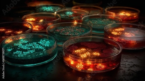 Obraz Petri dishes glow with vibrant life revealing microbial colonies a dance of science with glowing bacteria