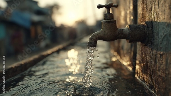 Obraz Hyperrealistic eye-level view of gushing water from a metal tap with warm sunlight backlighting the stream, traditional rural Indian village in soft blur, clean water and sustainability concept