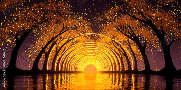 Fototapeta golden tree tunnel glowing with internal magical light