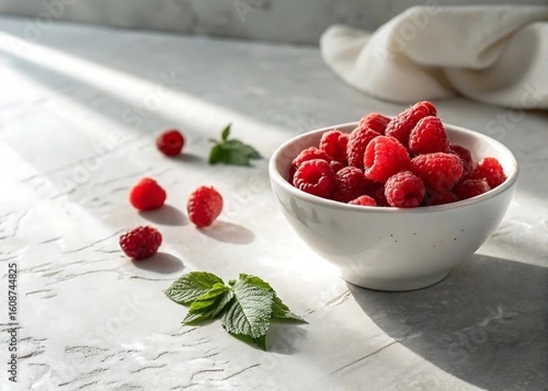 Fototapeta Fresh raspberries in a bowl with scattered berries and leaves