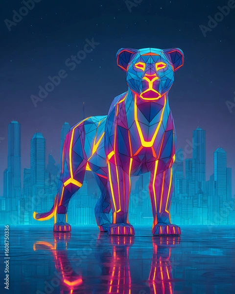 Fototapeta 3D neon glowing lion digital geometric patterns city