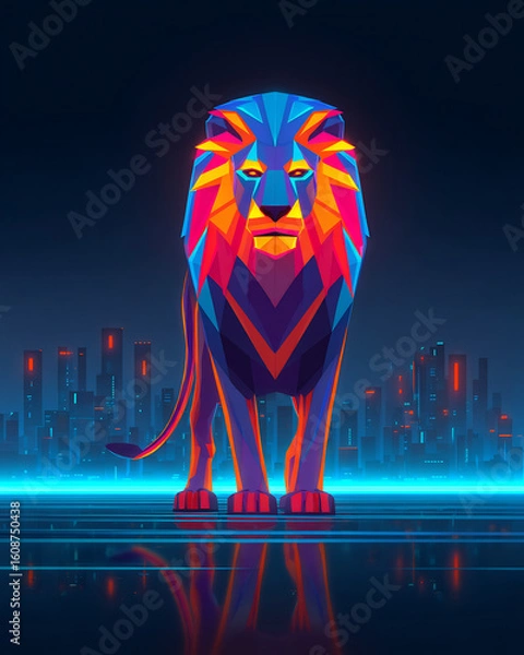 Fototapeta 3D neon glowing lion digital geometric patterns city