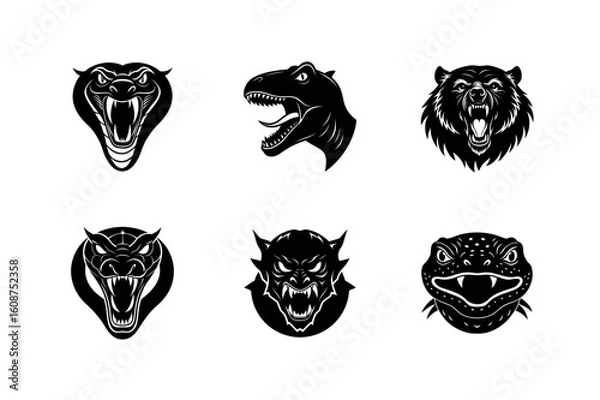 Obraz Aggressive Predator Heads:  Black and White Vector, Powerful Designs.
