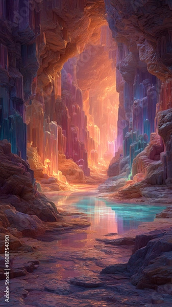 Obraz Enchanting crystal cave with glowing formations and tranquil water reflecting light