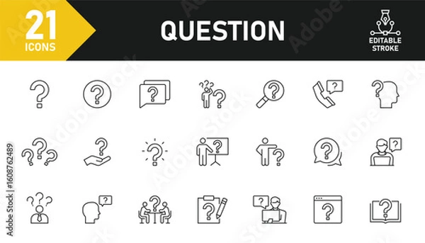 Fototapeta Question line icon set. Set of 21 outline icons related to question mark, problem, confusion, help, ask, faq and others. Editable stroke. Vector illustration.