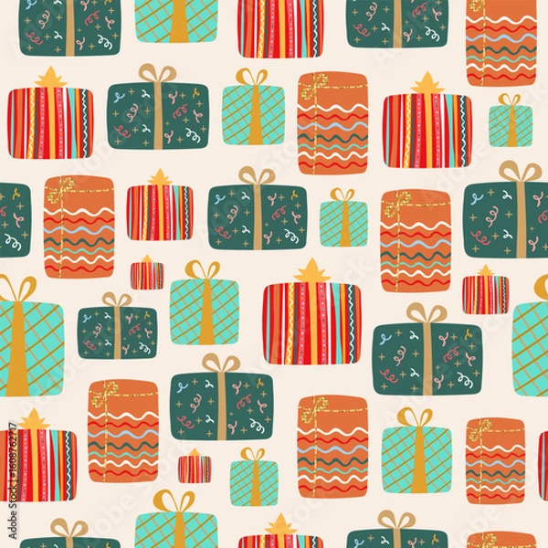 Fototapeta Seamless pattern with festive gift boxes. Colorful presents with bows and ribbons. Wrapping paper concept for a holiday or celebration.