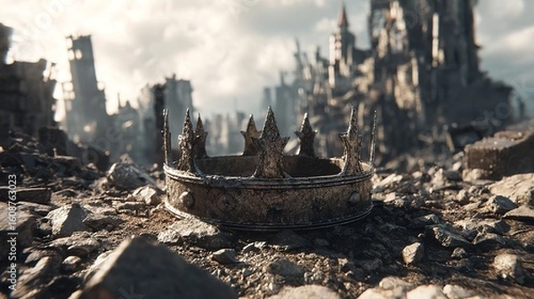 Obraz A fallen crown amidst ruins symbol of lost glory and broken kingdoms against soft daylight with a blurred