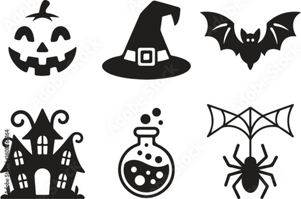 Fototapeta Spooky Halloween Icons | Bat, Spider Web, Hat SVG

