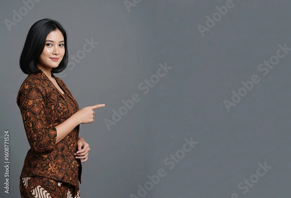 Obraz Beautiful Woman in Traditional Brown Batik Outfit Pointing at Blank Space