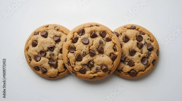 Fototapeta Fresh chocolate chip cookies isolated on white, from above