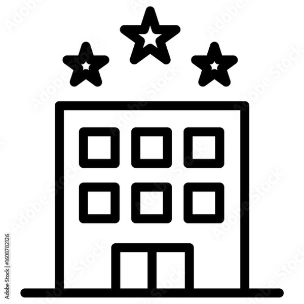 Fototapeta Luxurious Five Star Hotel Building Icon. Premium Accommodation Hospitality and Travel Resort Symbol. Urban Cityscape Architecture Line Art Vector Illustration.