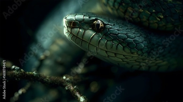 Fototapeta Dark snake with greenish scales slithering through branches in dim light.