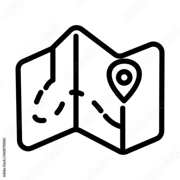 Fototapeta Folded Travel Map with Location Pin Icon. Navigation Guidance and Destination Finding Symbol. Route Planning and Global Exploration. Line Art Vector Illustration.