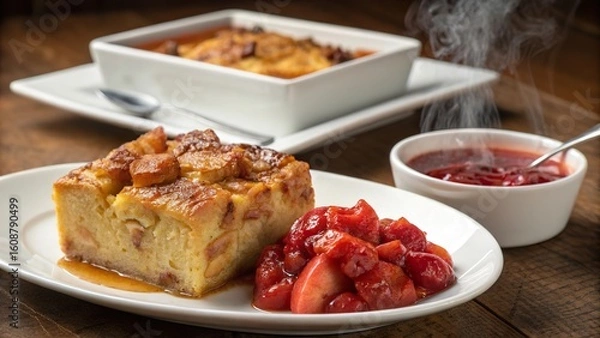 Fototapeta Delicious bread pudding served with warm apple compote on a rustic wooden table in a cozy cafe setting