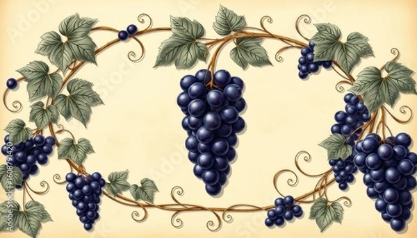 Fototapeta Elegant vintage grapes illustration with tendrils on a gentle cream backdrop