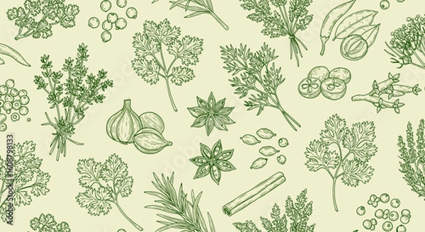 Obraz Hand drawn botanical pattern with herbs and spices on light background