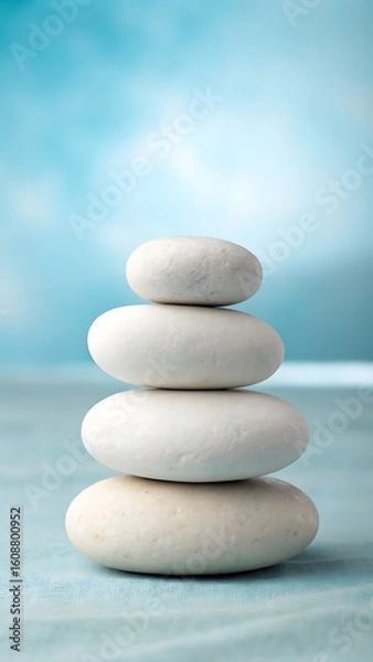 Fototapeta Zen balanced stack of smooth white spa stones on a tranquil blue background representing peace and relaxation